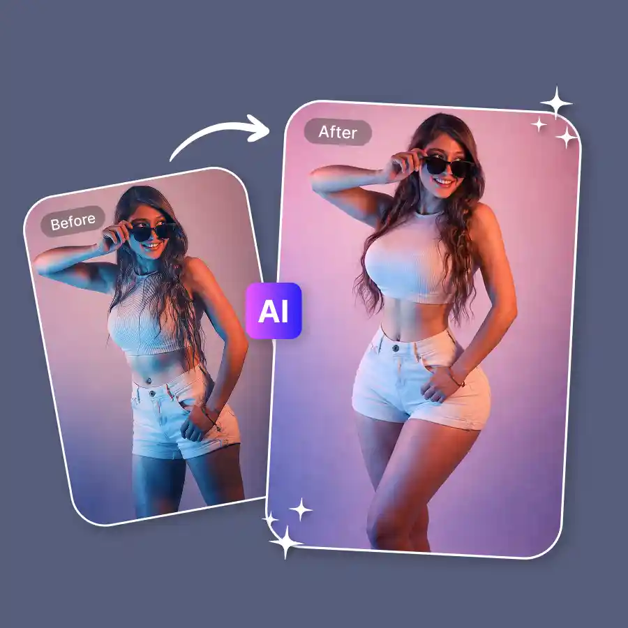 model photo before after using ai hourglass body generator to create a balanced hourglass body shape.